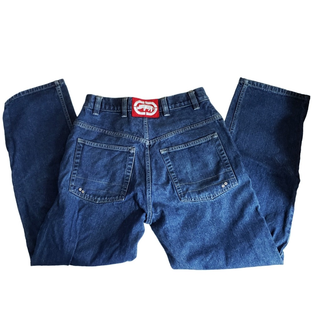Ecko Unltd Co Jeans Denim Blue Metal Tab Embroidered Rhino Baggy Y2K Vintage 32